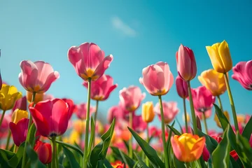  Vibrant spring tulip field with pink, yellow, and red flowers under a clear blue sky. © Ben Kuang