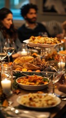 Naklejka premium A family is gathered around a table with a large turkey and many other dishes