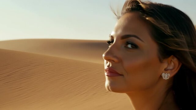 An elegant woman with striking features her face almost blending into the golden sands of the dunes behind her a symbol of the resilience and adaptability of those who call this