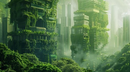 A futuristic cityscape overgrown with lush vegetation, evoking a sense of nature reclaiming abandoned structures.