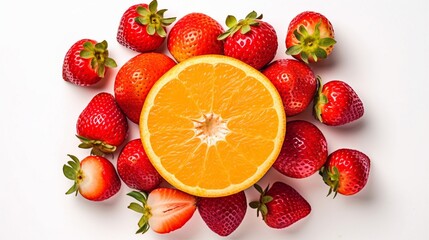 Naklejka premium Fresh Summer Fruits: Vibrant Strawberries and Juicy Orange Slice