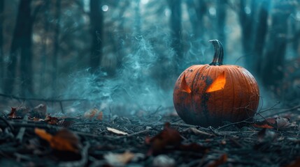 A pumpkin with a glowing face sits among the smoke in a misty forest with autumn leaves, creating a creepy Halloween atmosphere.