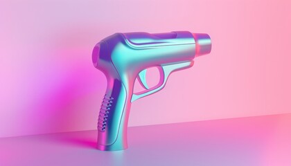 A futuristic, iridescent gun sits on a white surface with a pink and purple neon glow.