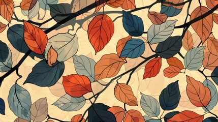 A painting of colorful leaves on a beige background, an art deco painting