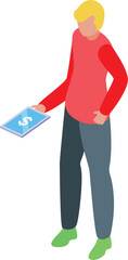 Young man is holding a tablet showing a dollar sign, depicting online banking and financial management