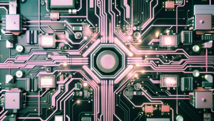 Close up of a circuit board with glowing pink lines.