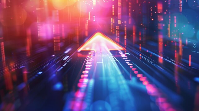 A glowing arrow pointing upwards, symbolizing progress and growth in a digital environment.