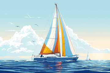Vibrant Sunset Sailboat Journey Across Serene Waters in the Gentle Breeze