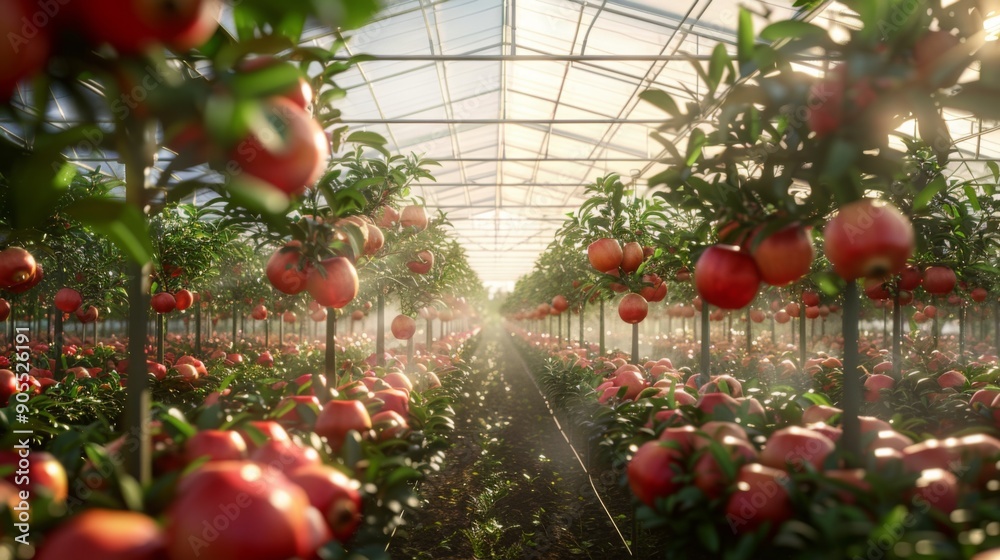 Poster rows of vibrant apple trees filled with red fruits bask in the warm afternoon light inside a greenho