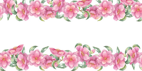 Camellia japonica flowers with green leaves in a seamless border along the top and bottom edges of this watercolor clipart. Suitable for digital designs, social media graphics, and printed stationery