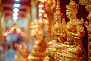 Fototapeta premium A golden statue of a deity sits in a temple, illuminated by soft light. The statue's intricate details and serene expression evoke a sense of spirituality and peace.