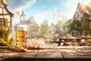 Bavarian Beer Garden Scene with a Mug of Beer and Pretzels