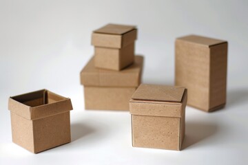 A group of five brown cardboard boxes of various sizes, stacked and arranged on a white background.