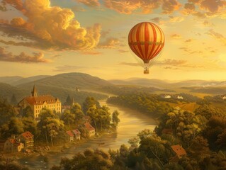 Fototapeta premium A hot air balloon floats over a picturesque valley with a river winding through a lush green landscape.