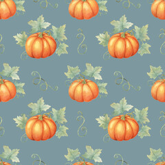Vibrant orange pumpkins with green foliage clipart. Watercolor seamless pattern great for textile designs, gift wrapping, party supplies, and autumn-inspired stationery
