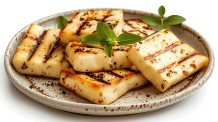 A plate of grilled cheese with a green herb on top