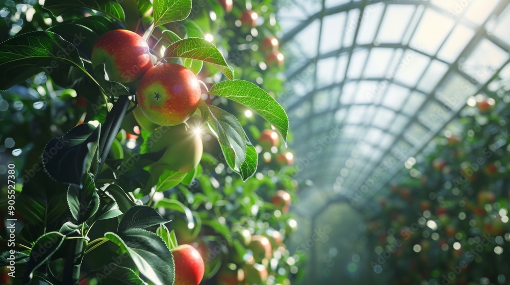 Aufkleber sunlight filters through the greenhouse glass, illuminating rows of apple trees bursting with ripe f