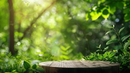 Natural platform and round podium with blurred forest background and green leaves. Natural product display