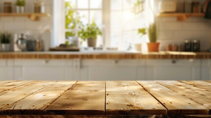 Empty wooden table top on blurred Scandinavian kitchen space background, Banner mockup for displaying product ads, Food photo post background