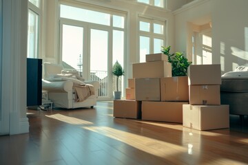 Empty Living Room with Stacked Cardboard Boxes