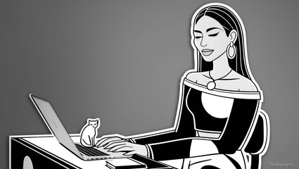 Woman studying and working with laptop on her lap. young girl working on laptop. Digital Learning: Young Girl Engaged on Laptop. Girl works on the office desk hand drawn flat stylish cartoon sticker