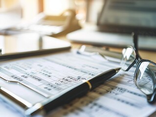 A pen and eyeglasses lay on top of a clipboard with paperwork on a desk.