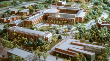 Generate a photo realistic image of a maquette illustrating the expansion of an educational campus with academic buildings, libraries, and student gathering spaces