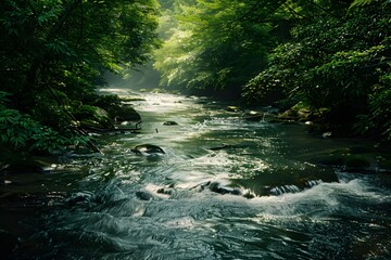 Obraz premium Serene river flowing through a lush green forest in soft morning light.
