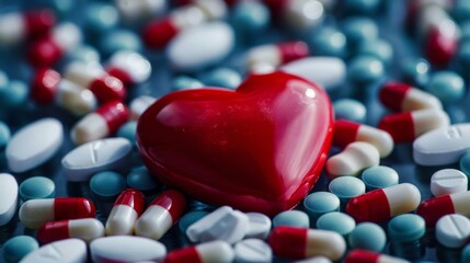A red heart lies on a bed of colorful pills and capsules.  This image is a symbolic representation of health and well-being.