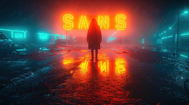 A neon sign with the word "SANS" in orange letters
