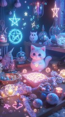 Dark Mystic Ritual with Glowing Pastel Symbols and Floating Enchanting Objects