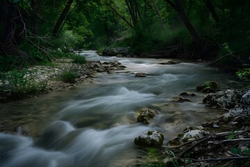 Serene river flowing through lush green forest with smooth rocks and soft light.
