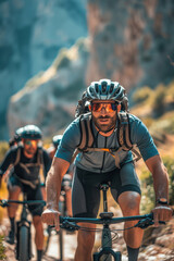 Fototapeta premium Adventurous Caucasian Male Cyclist Riding an E-Bike Through Stunning Mountain Trails at Dawn