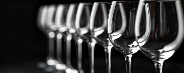 A row of clean wine glasses against a black background.