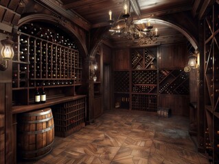A rustic wine cellar with wooden shelves, barrels, and a chandelier.