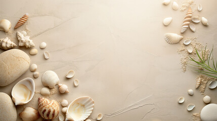 Beach sand with shells and stones on a beige background. Coastal elements arrangement for summer vacation themes.