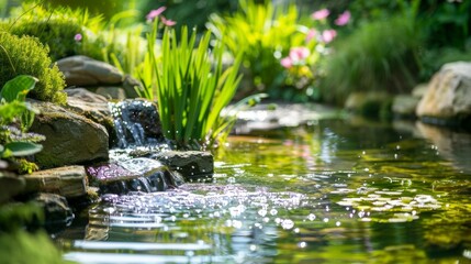 A serene garden pond with a small waterfall cascading over rocks and lush greenery.