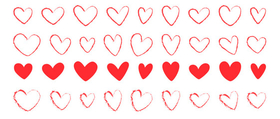 Set of red hearts, stylized hearts of different shapes on a white background. Hearts for Valentine's Day. Vector illustration. Love romance and wedding symbols