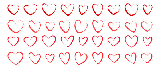 Set of red hearts, stylized hearts of different shapes on a white background. Hearts for Valentine's Day. Vector illustration. Love romance and wedding symbols