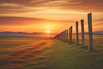 Fence Line at Sunset: A landscape showing a row of rustic fence posts and rails silhouetted against a vibrant sunset.