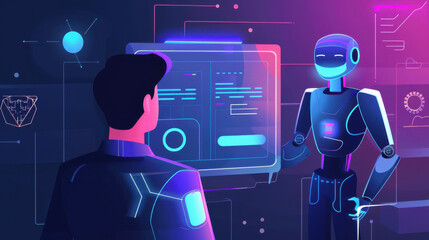 Naklejka premium Chat with AI: Man interacting with a futuristic AI assistant on a virtual screen, Chatbot, ChatGPT technology