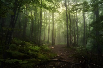 Mysterious misty forest path with lush greenery and soft light filtering through trees.