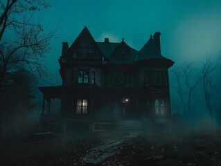 A spooky, old Victorian house stands alone in a misty forest on a dark night.  The windows glow ominously.