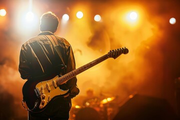Obraz premium Guitarist performing under warm stage lights, back view, energetic live music scene