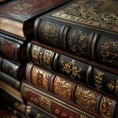 A stack of antique leather-bound books with intricate gold detailing.