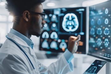 Obraz premium Healthcare professional examining holographic brain scan, advanced diagnostic tools in modern medicine