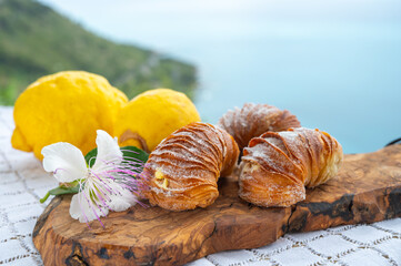 Italian desssert, Naples sfogliatella, shell-shaped layered pastry, with sweet custard-like filling...