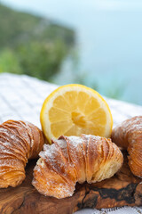 Italian desssert, Naples sfogliatella, shell-shaped layered pastry, with sweet custard-like filling made with semolina, ricotta, and candied citrus fruit