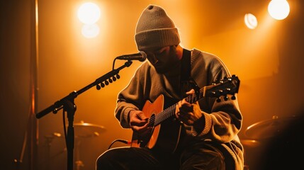 Obraz premium Live performance with guitarist, warm golden lighting, dynamic stage presence, beanie hat