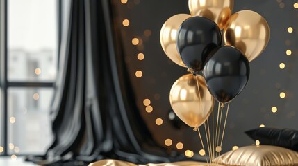 Obraz premium New Year's Eve party scene with black and gold balloons, draped black curtains, festive ambiance, urban background, twinkling lights